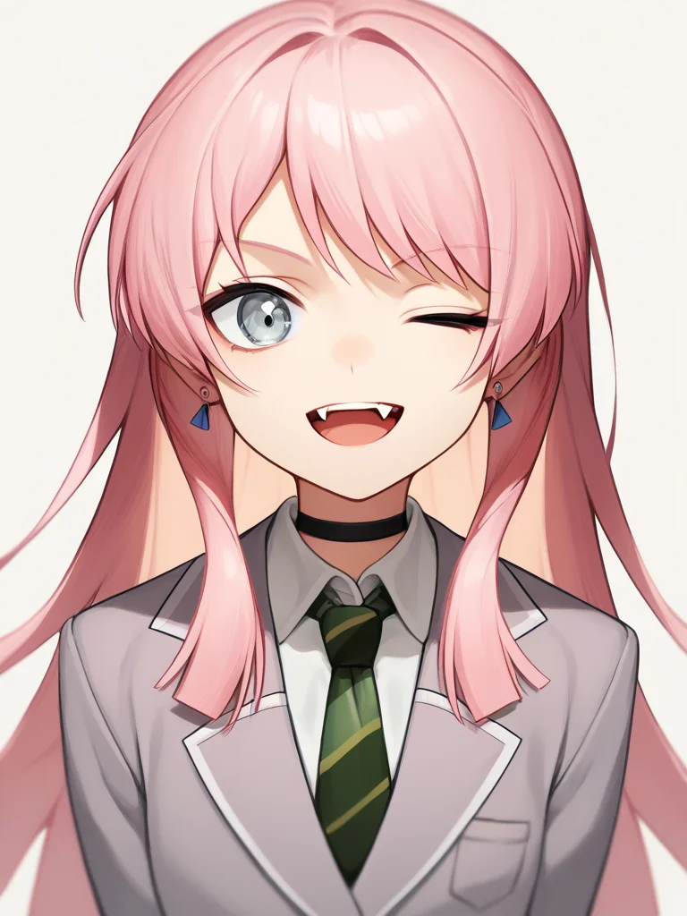 score_9,score_8_up,score_7_up,<lora:mygo:1>,chihaya anon, pink hair, long hair, grey eyes, blue eyes, one eye closed, earrings, long sleeves, white shirt, collared shirt, pleated skirt, diagonal-striped clothes, fang, upper teeth only, haneoka school uniform, green necktie, grey jacket, collarbone, black choker