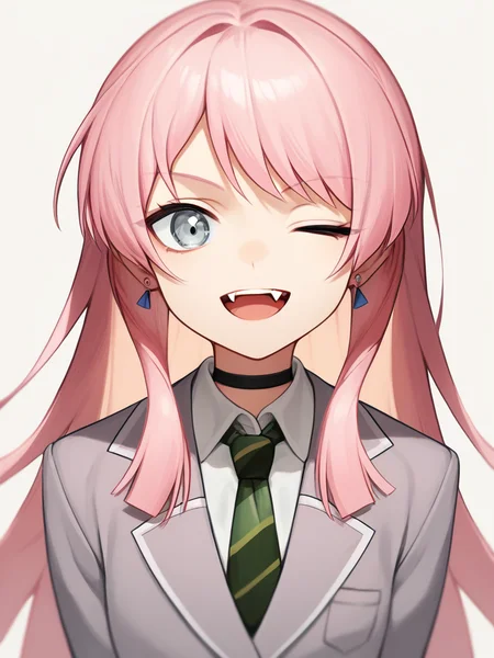 score_9,score_8_up,score_7_up,<lora:mygo:1>,chihaya anon, pink hair, long hair, grey eyes, blue eyes, one eye closed, earrings, long sleeves, white shirt, collared shirt, pleated skirt, diagonal-striped clothes, fang, upper teeth only, haneoka school uniform, green necktie, grey jacket, collarbone, black choker