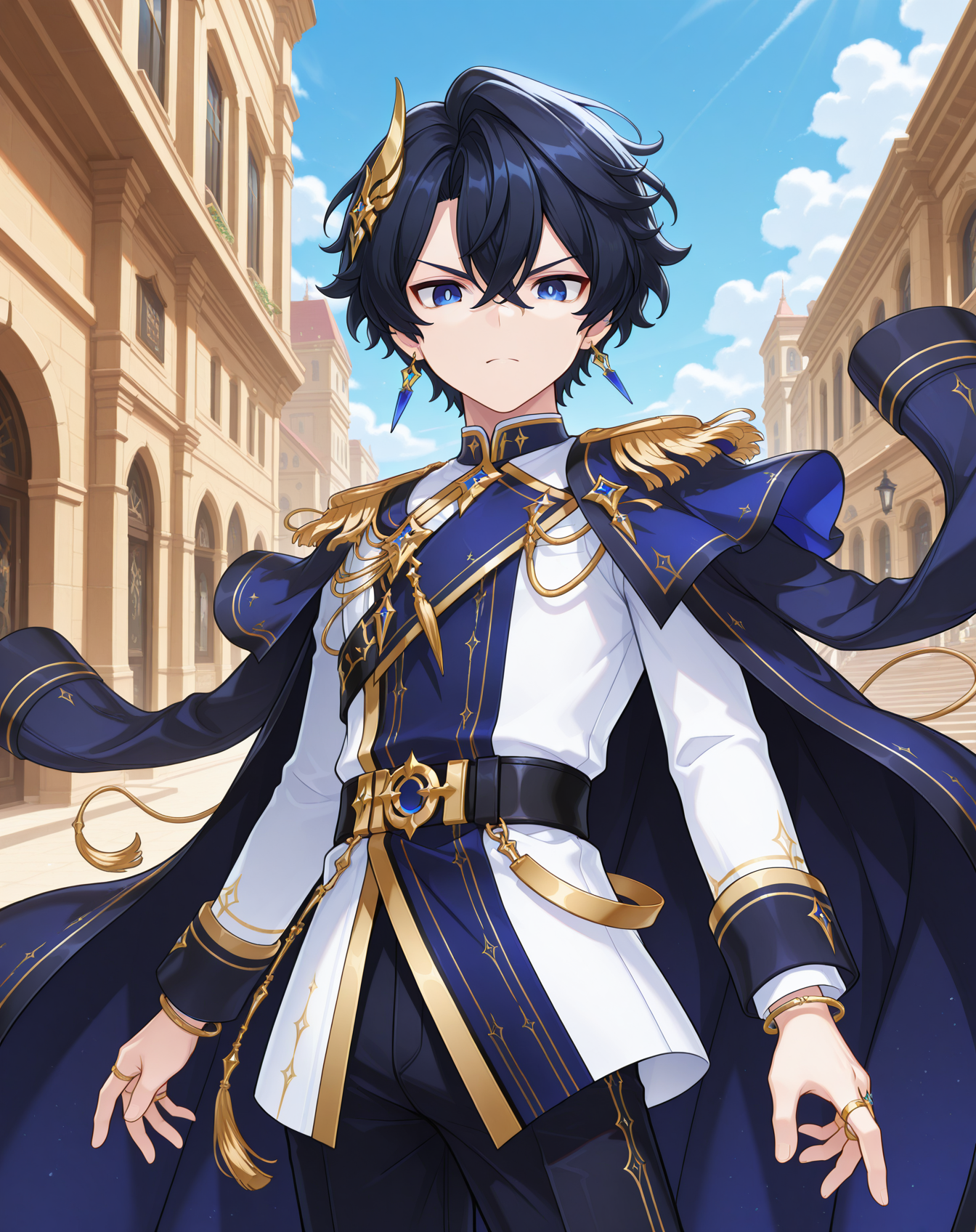 masterpiece, amazing quality, best quality, absurdres, very aesthetic,
1boy, solo, yaoi, male focus, cowboy shot, upper body, looking at viewer, face focus,
<lora:Noah_Celestia_ilxl:1>  noahcl, short hair, black hair, hair between eyes, blue eyes, crossed bangs, v-shaped eyebrows,
gold trim, blue coat, vertical-striped pants, coat on shoulders, blue capelet, patterned clothing, jacket on shoulders, epaulettes, two-sided fabric, blue jacket, long sleeves, black pants, blue pants, idol clothes, white shirt, stole, yellow coat, pinstripe pattern, waist cape, vertical-striped clothes, two-sided coat, blue robe, yellow belt, blue cape, double-breasted, black belt,
black footwear, high heel boots, fold-over boots,
jewelry, wing hair ornament, black sash, aiguillette, earrings, ring, side cape, tassel, bracelet, sleeve cuffs,
outdoors, day, blue sky,
