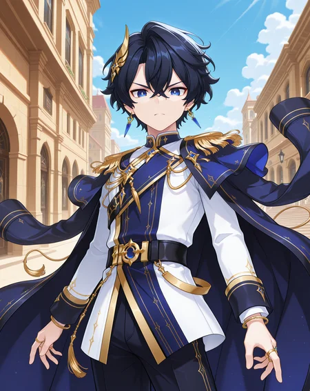 masterpiece, amazing quality, best quality, absurdres, very aesthetic,
1boy, solo, yaoi, male focus, cowboy shot, upper body, looking at viewer, face focus,
<lora:Noah_Celestia_ilxl:1> noahcl, short hair, black hair, hair between eyes, blue eyes, crossed bangs, v-shaped eyebrows,
gold trim, blue coat, vertical-striped pants, coat on shoulders, blue capelet, patterned clothing, jacket on shoulders, epaulettes, two-sided fabric, blue jacket, long sleeves, black pants, blue pants, idol clothes, white shirt, stole, yellow coat, pinstripe pattern, waist cape, vertical-striped clothes, two-sided coat, blue robe, yellow belt, blue cape, double-breasted, black belt,
black footwear, high heel boots, fold-over boots,
jewelry, wing hair ornament, black sash, aiguillette, earrings, ring, side cape, tassel, bracelet, sleeve cuffs,
outdoors, day, blue sky,