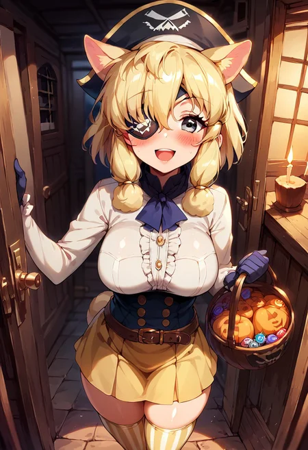 1girl, ((solo)), best quality, ultra-detailed, extremely detailed, perfect anatomy, masterpiece, score_9, score_8_up, score_7_up, Expressiveh, alpaca suri (kemono friends), alpaca ears, hair over one eye, bangs, blonde hair, grey eyes, sidelocks, hair tubes, hair bun, tail, short hair, horizontal pupils, outdoors, neighborhood, trick-or-treating, pumpkins, candles, halloween, trick-or-treater, jack-o-lantern, holding halloween basket, candy basket, front_door, open door, standing at the front door, viewer pov, pirate, light-yellow pirate hat, (pirate hat:1.1), light-yellow pirate outfit, light-yellow blouse, light-yellow skirt with trim, light-yellow thighhighs, thighhighs, striped thighhighs, striped gloves, thigh squish, fully clothed, pirate gloves, pirate boots, belt, accessories, white trimmed sleeves, white trim, curvy, medium breasts, blushing, looking at viewer, soft blush, open mouth smile, cute look, closeup, depth-of-field, ears sticking out of hat, thobrine, shiny skin, yellow eyepatch, (eyepatch:1.1), pirate_eyepatch,