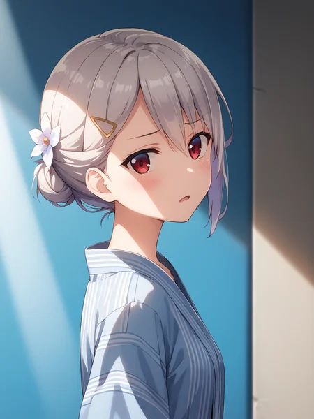 score_9, score_8_up, score_7_up, depth of field, natural light, light rays, raytracing, source anime, masterpiece, colorful, break
simple background, blue background,
solo, solo_focus, 1girl, young, thin, standing, upper body, face focus, from side,
blue yukata, break
hair flower, short hair, simple hair bun, half updo, red_eyes, silver_hair, hair_between_eyes, hair_ornament, bangs, eyebrows_visible_through_hair, hairclip, small_breasts,
looking at viewer, shy, blush, (open mouth:0.8),
<lora:character_pony_SETSUNA:0.8>