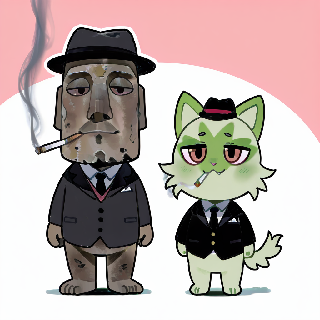 no humans,  2boys, side by side,   zzWdcat, looking at viewer, smile, simple background, brown eyes, closed mouth, standing, full body, fang, :3, half-closed eyes, happy, pink background, flat color,  smile, looking at viewer, closed mouth, cowboy shot,   <lora:Wdcat_IXL:0.7>,   (zzMoai:1.3), black headwear, black jacket, cigarette, collared shirt, fedora, formal, hat, jacket, modercated, shirt, smoking, suit, white background, white shirt ,<lora:MoaiEasterIsland_IXL:1.0>,
