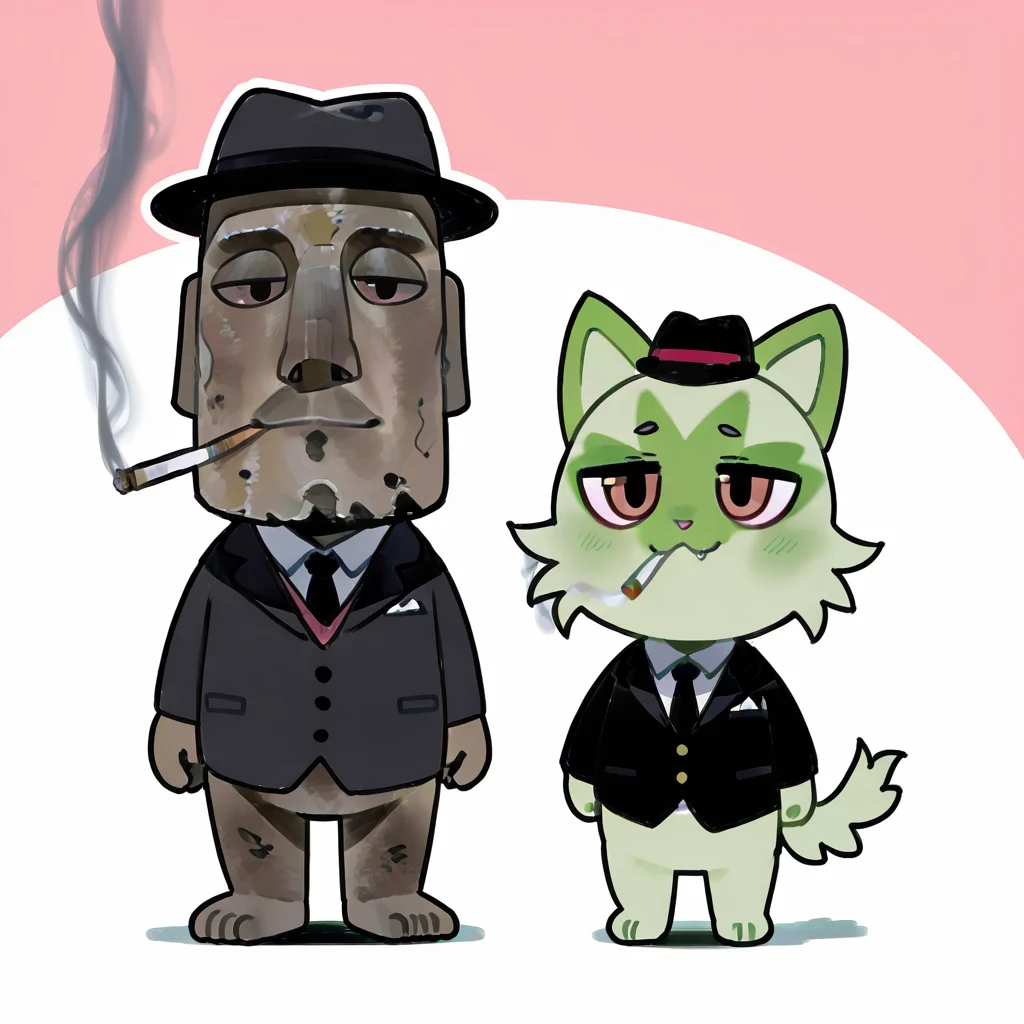 no humans, 2boys, side by side, zzWdcat, looking at viewer, smile, simple background, brown eyes, closed mouth, standing, full body, fang, :3, half-closed eyes, happy, pink background, flat color, smile, looking at viewer, closed mouth, cowboy shot, <lora:Wdcat_IXL:0.7>, (zzMoai:1.3), black headwear, black jacket, cigarette, collared shirt, fedora, formal, hat, jacket, modercated, shirt, smoking, suit, white background, white shirt ,<lora:MoaiEasterIsland_IXL:1.0>,