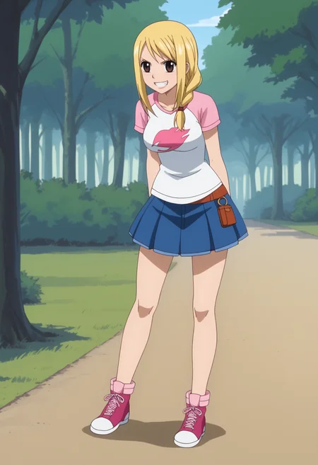 score_9, score_8_up, score_7_up, anime screencap, BREAK, 1girl, solo, <lora:DX888Lucy:1> lucy heartfilia, brown eyes, BREAK in a lush forest , trees , outdoors, mesugaki, naughty grin, smug, open_mouth, :3,:d, smile, fang, Denim Skirt Set - Skirt, T-Shirt, and Sneakers (single braid, hair over shoulder)
