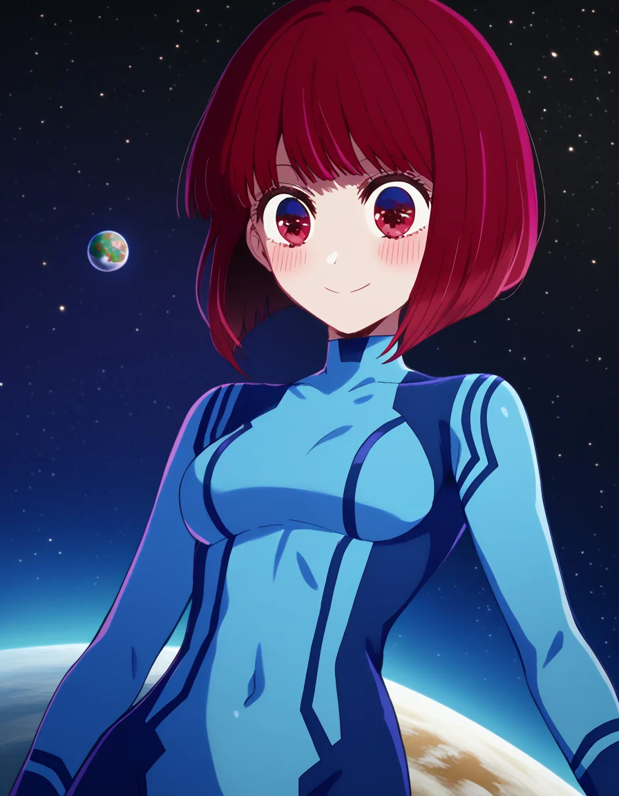 score_9, score_8_up, score_7_up, source_anime, kanaarima, <lora:kana-arima-s1-ponyxl-lora-nochekaiser:1>, kana arima, short hair, bangs, red eyes, red hair, bob cut,, <lora:samus-aran-cosplay-ponyxl-lora-nochekaiser:1>, samusarancosplay, samus aran \(cosplay\), blue bodysuit, bodysuit, covered navel, skin tight, zero suit,, space, planet, earth \(planet\), star \(sky\), galaxy, nebula, moon, blush, smile,, cowboy shot, dutch angle, solo,