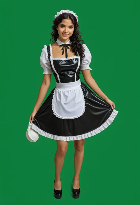 green screen, green background, greenscreen, solid green background,
wide shot, full body photo
of 23 y.o female woman
black shoulder length hair,
perfect featureless skin,
hourglass shape,
big breasts, <lora:chest_adjust:11>,
long curly shiny black hair
dark brown eyes
naughty smile
bimbo lips
hypnotic eyes
hypnosis, mind control,looking at viewer
wearing black latex maid uniform with white frills and a thick black latex dress long enough to hide her feet victorian maid
full color, high detail, 8k, highly detailed, symmetry