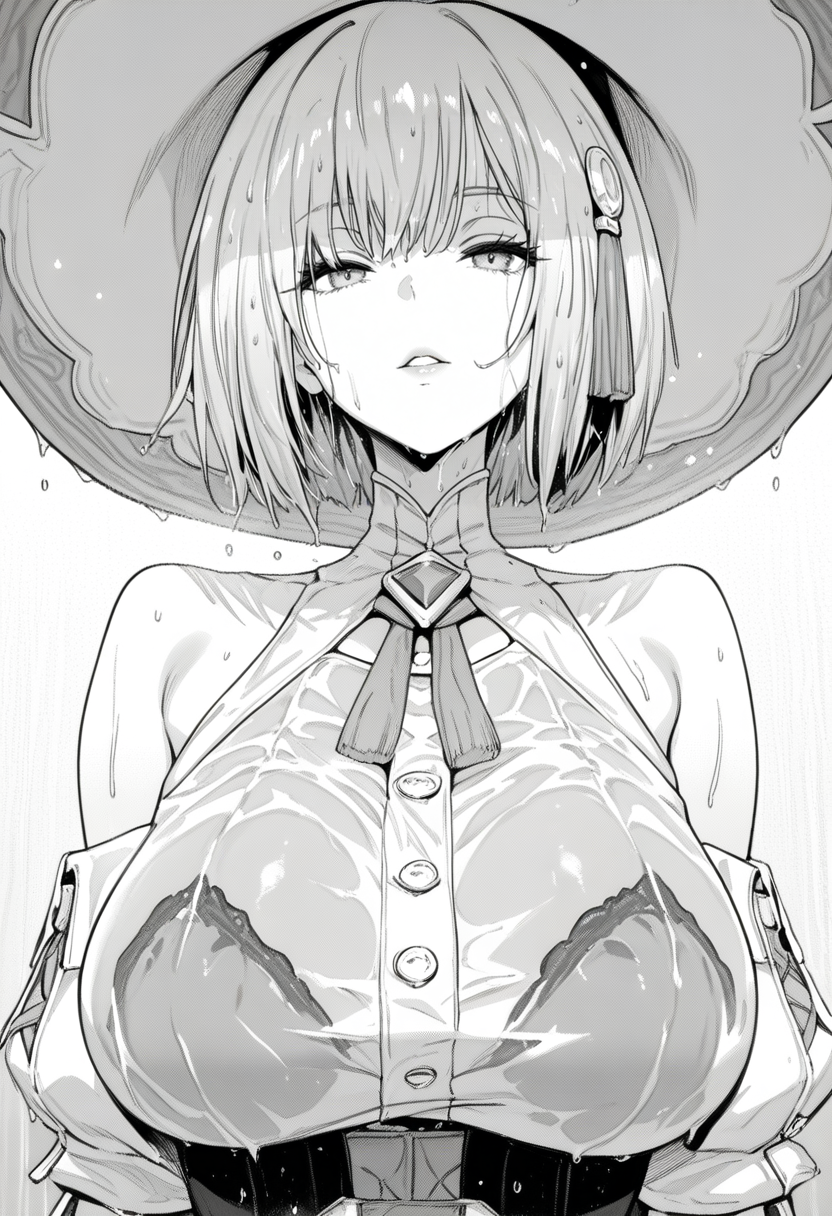 very awa, masterpiece, best quality, recent, newest, highres, absurdres, amazing quality,
monochrome, grey_scale, comic, 
1girl, hat, wet, large breasts, wet clothes, short hair, solo, see-through, witch hat, bare shoulders, parted lips, upper body, dress, hair ornament
 <lora:Croriin_style:1>