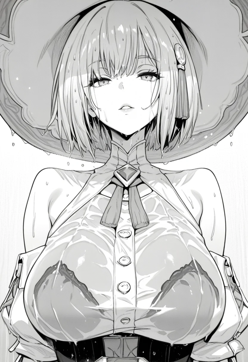 very awa, masterpiece, best quality, recent, newest, highres, absurdres, amazing quality,
monochrome, grey_scale, comic,
1girl, hat, wet, large breasts, wet clothes, short hair, solo, see-through, witch hat, bare shoulders, parted lips, upper body, dress, hair ornament
<lora:Croriin_style:1>