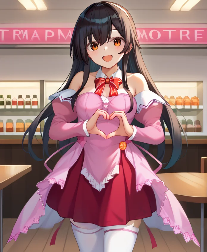 score_9, score_8_up, score_7_up,source_anime,(masterpiece:1.3), (high quality:1.3),(1girl: pia3_stb,pink dress,frills,detached collar,red bowtie,pink detached sleeves,bare shoulders,strapless,red skirt,white thighhighs,pink line thighhighs,pink waist cape,orange button badge,harunakainiKC, long hair,smile,open mouth),restaurant,heart hands,cowboy shot, <lora:pia_carrot_3_outfits_v2-pony:1> <lora:haruna:0.85>