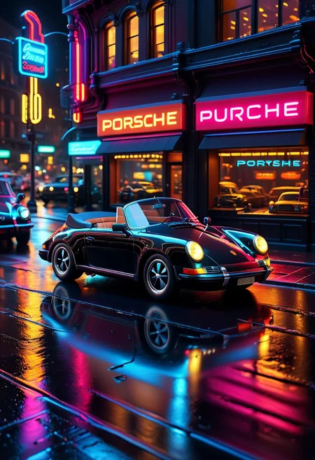 ispzxll, diorama, isometric, miniature, volumetric lighting style, intricate details, wide angle, all-black  porsche convertible car, wet pavement, crowded busy city street, nightclubl scene, neon signs, reflective surfaces, glossy, 8k