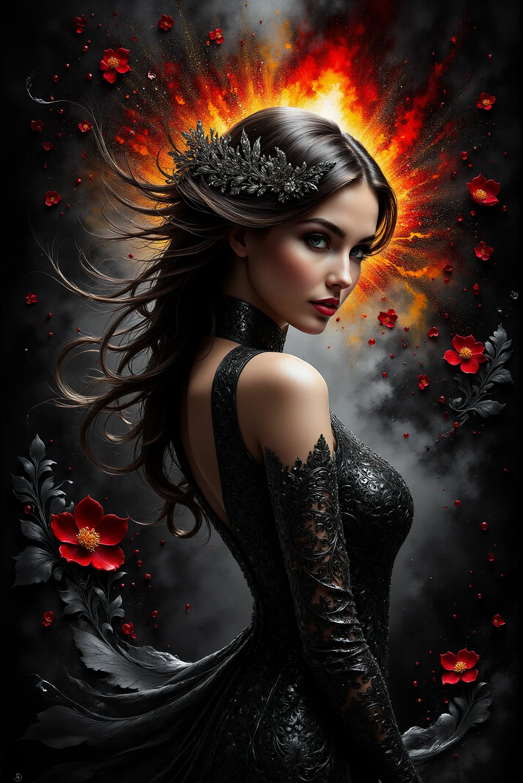 <lora:AISIL_style:1.0> AISIL style digital artwork with intricate and vibrant background.
A celestial woman, wearing intricate dress, black and gray background with fiery red accent.