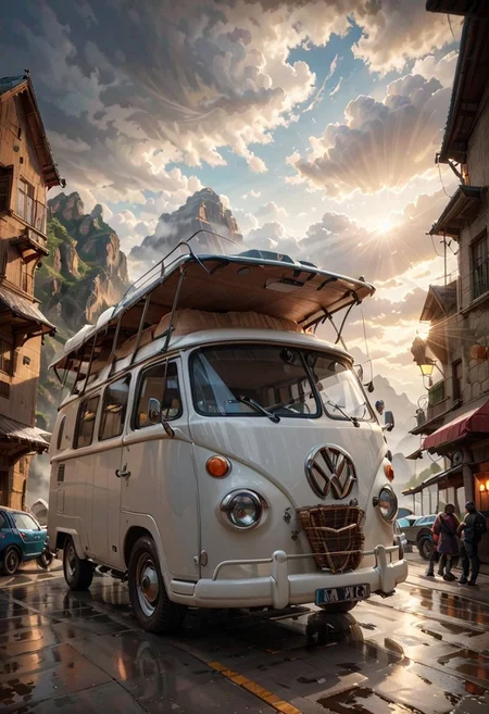 1girl beside campervan, Flintstones Trending on Artstation, 
cloudy background, ultra realistic digital art,
campervan, mayamaze, great lighting