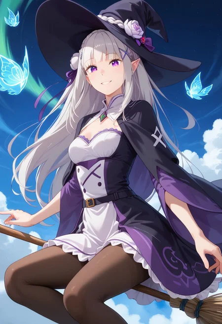 score_9, score_8_up, score_7_up, highest quality, extremely detailed, 4k, 8k, amazing quality, masterpiece, BREAK,
Expressiveh, BREAK,
mature female, slim waist, shiny skin, emilia, braid, crown braid, flower, hair flower, hair ornament, hair ribbon, long hair, pointy ears, purple eyes, white hair, x hair ornament, small breasts, jyojifuku, witch, dress, pantyhose, hat
1girl, solo,
(riding broom), flying, ((witch riding on broom)), high up in the sky, gentle smile, close mouth,
BREAK,
thin cloud, mystic night, aurora,