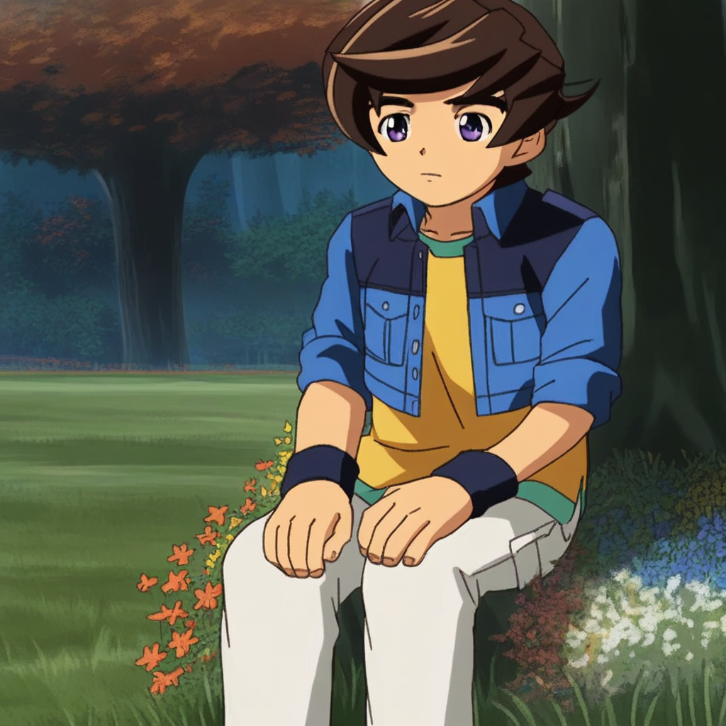 score_9, solo, riku_t, 1boy, brown hair, purple eyes, jacket, shirt, pants, wristband, sitting, outdoors, tree, grass, flowers