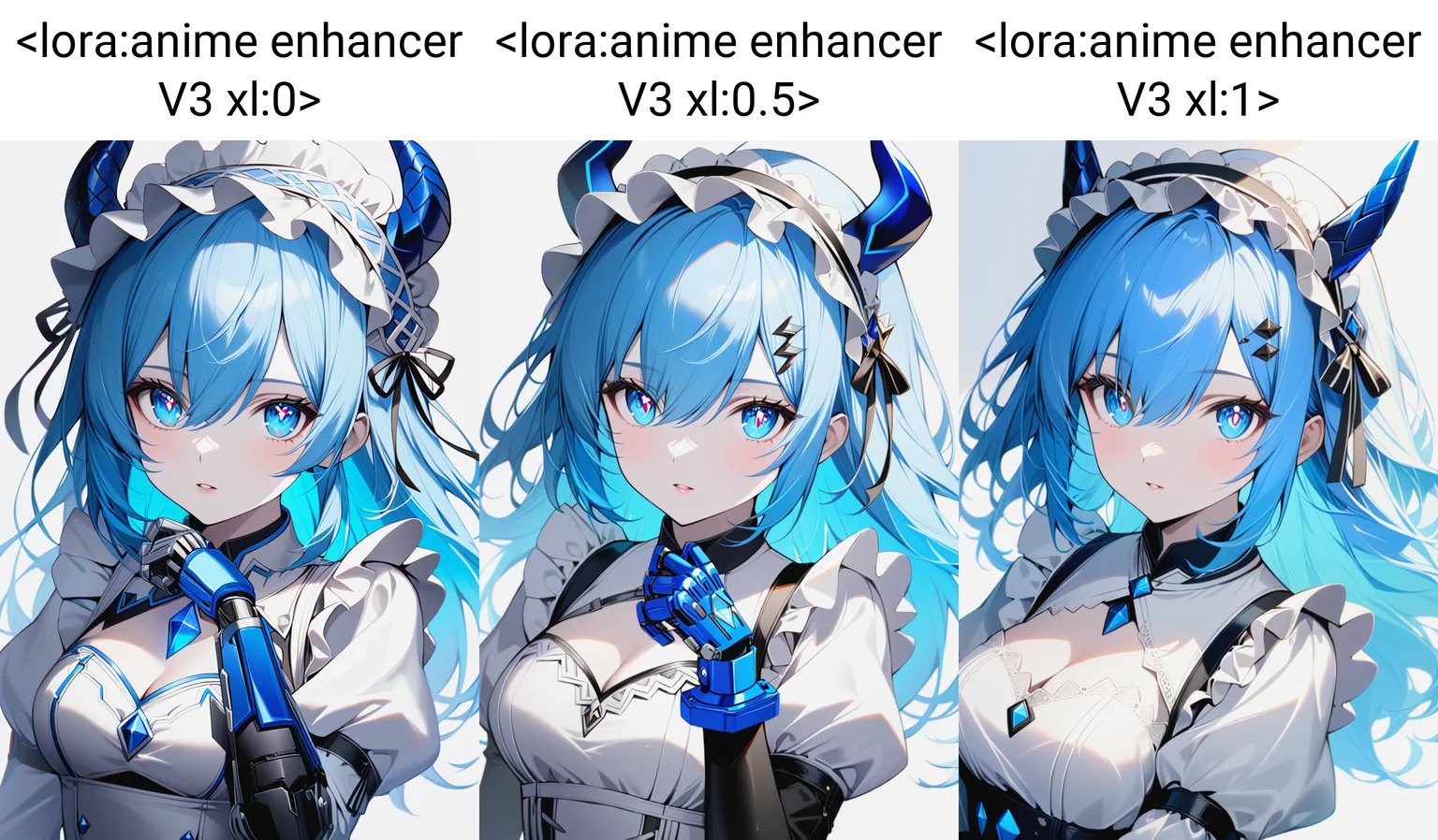 1girl,blue_eyes,blue_hair,breasts,cleavage_cutout,clothing_cutout,diamond-shaped_pupils,diamond_(shape),dress,frilled_hairband,frills,hair_between_eyes,hairband,hand_up,horns,juliet_sleeves,long_hair,long_sleeves,looking_at_viewer,maid_headdress,mechanical_hands,pale_skin,parted_lips,puffy_sleeves,scales,simple_background,single_mechanical_hand,solo,symbol-shaped_pupils,upper_body,white_background,white_dress,white_theme,<lora:anime enhancer V3 xl:0>,volumetric lightning,detailed skin texture,detailed,volumetric shadow,