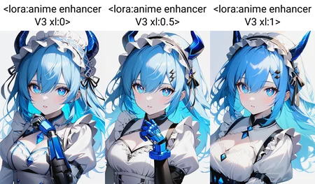 1girl,blue_eyes,blue_hair,breasts,cleavage_cutout,clothing_cutout,diamond-shaped_pupils,diamond_(shape),dress,frilled_hairband,frills,hair_between_eyes,hairband,hand_up,horns,juliet_sleeves,long_hair,long_sleeves,looking_at_viewer,maid_headdress,mechanical_hands,pale_skin,parted_lips,puffy_sleeves,scales,simple_background,single_mechanical_hand,solo,symbol-shaped_pupils,upper_body,white_background,white_dress,white_theme,<lora:anime enhancer V3 xl:0>,volumetric lightning,detailed skin texture,detailed,volumetric shadow,