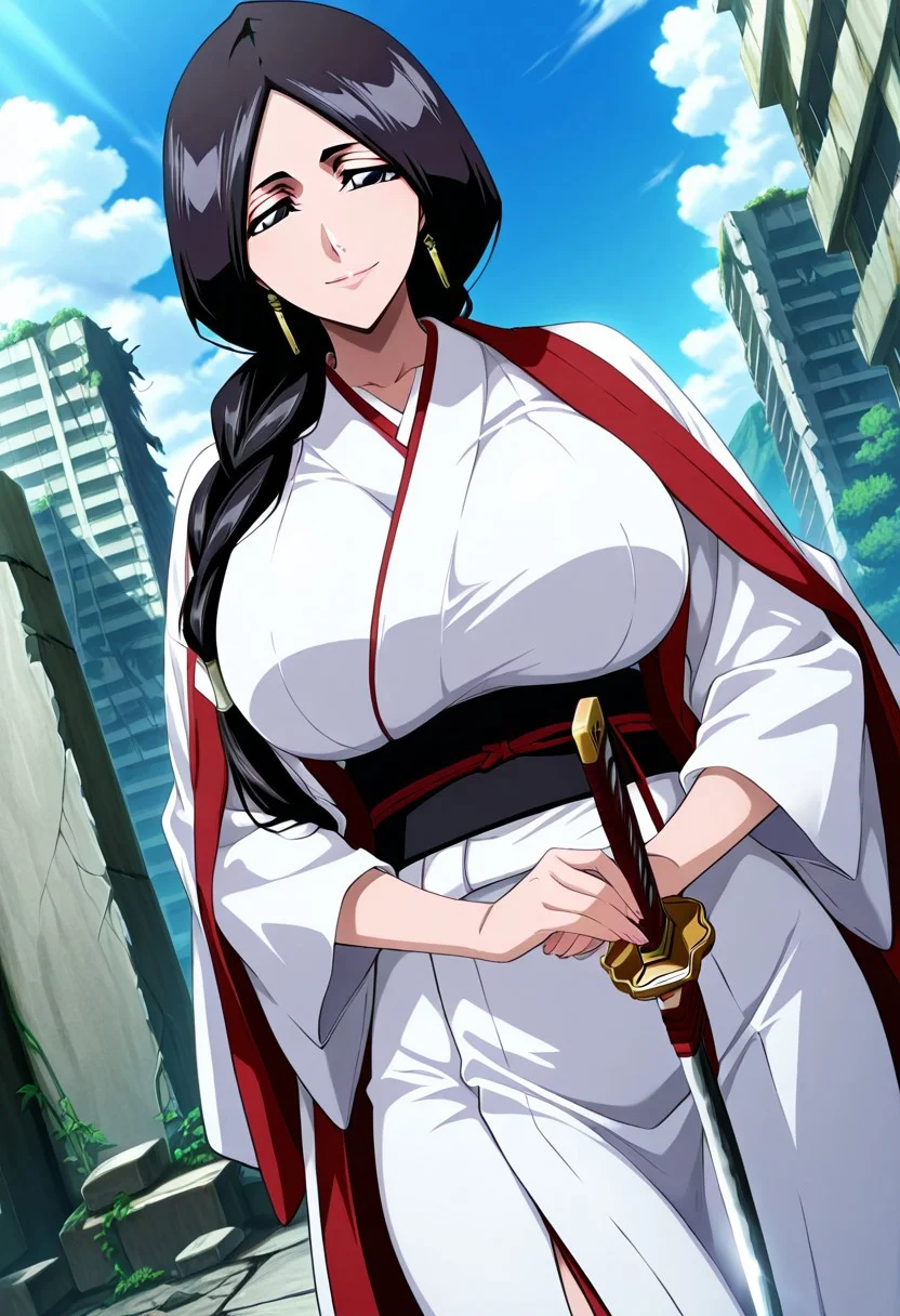 general,highres, ultra-detailed,very aesthetic,best quality ,best hands,best eyes,easynegative,
dynamic anglre, dutch angle, anime cloring,anime screencap,
1girl solo,looking at viewer,ruins, smile,holding katana,
Retsu Unohana,black hair,long hair,braid,hair ornament,black eyes,huge breasts,japanese clothes,kimono,