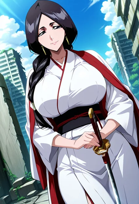 general,highres, ultra-detailed,very aesthetic,best quality ,best hands,best eyes,easynegative,
dynamic anglre, dutch angle, anime cloring,anime screencap,
1girl solo,looking at viewer,ruins, smile,holding katana,
Retsu Unohana,black hair,long hair,braid,hair ornament,black eyes,huge breasts,japanese clothes,kimono,