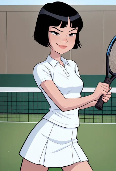 cartoon, screencap, <lora:julieaf:1> julieaf, 1girl, short hair, black hair, lips, white skirt, white shirt, collar, short sleeves, , smile, pose, expressive face, playing tennis, tennis match, holding tennis bat, dynamic pose,, masterpiece, best quality, amazing quality, very aesthetic, absurdres, newest,