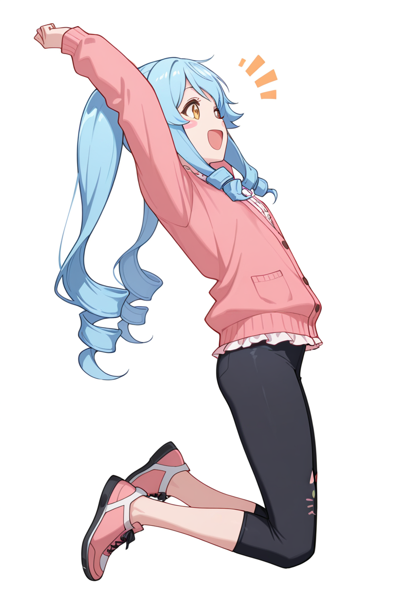 masterpiece,high quality details, absurdres, 
jumping, arms raised, legs bent, happy face, energetic posture,  ,
 <lora:Michiru_Kusagakure:0.8>
michiru_cnr, 1girl, blue hair, long hair, twintails, drill hair, sidelocks, orange eyes, blush stickers,, ^o^,, simple background, white background, from side,solo,, frilled shirt,cardigan,capri pants,  ,cat ear legwear,