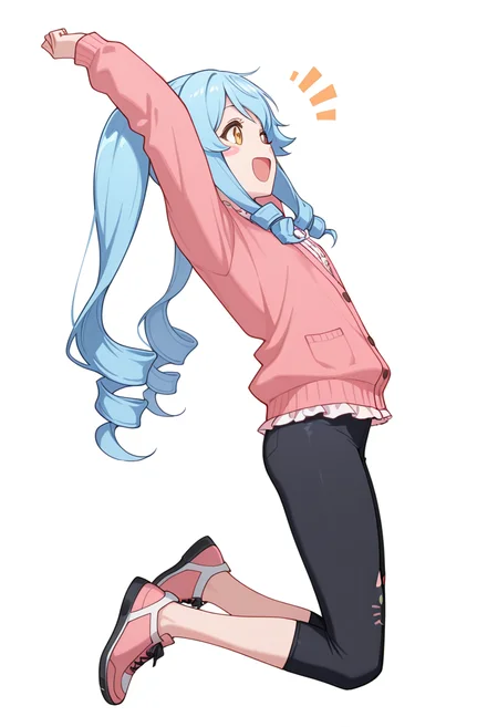 masterpiece,high quality details, absurdres,
jumping, arms raised, legs bent, happy face, energetic posture, ,
<lora:Michiru_Kusagakure:0.8>
michiru_cnr, 1girl, blue hair, long hair, twintails, drill hair, sidelocks, orange eyes, blush stickers,, ^o^,, simple background, white background, from side,solo,, frilled shirt,cardigan,capri pants, ,cat ear legwear,
