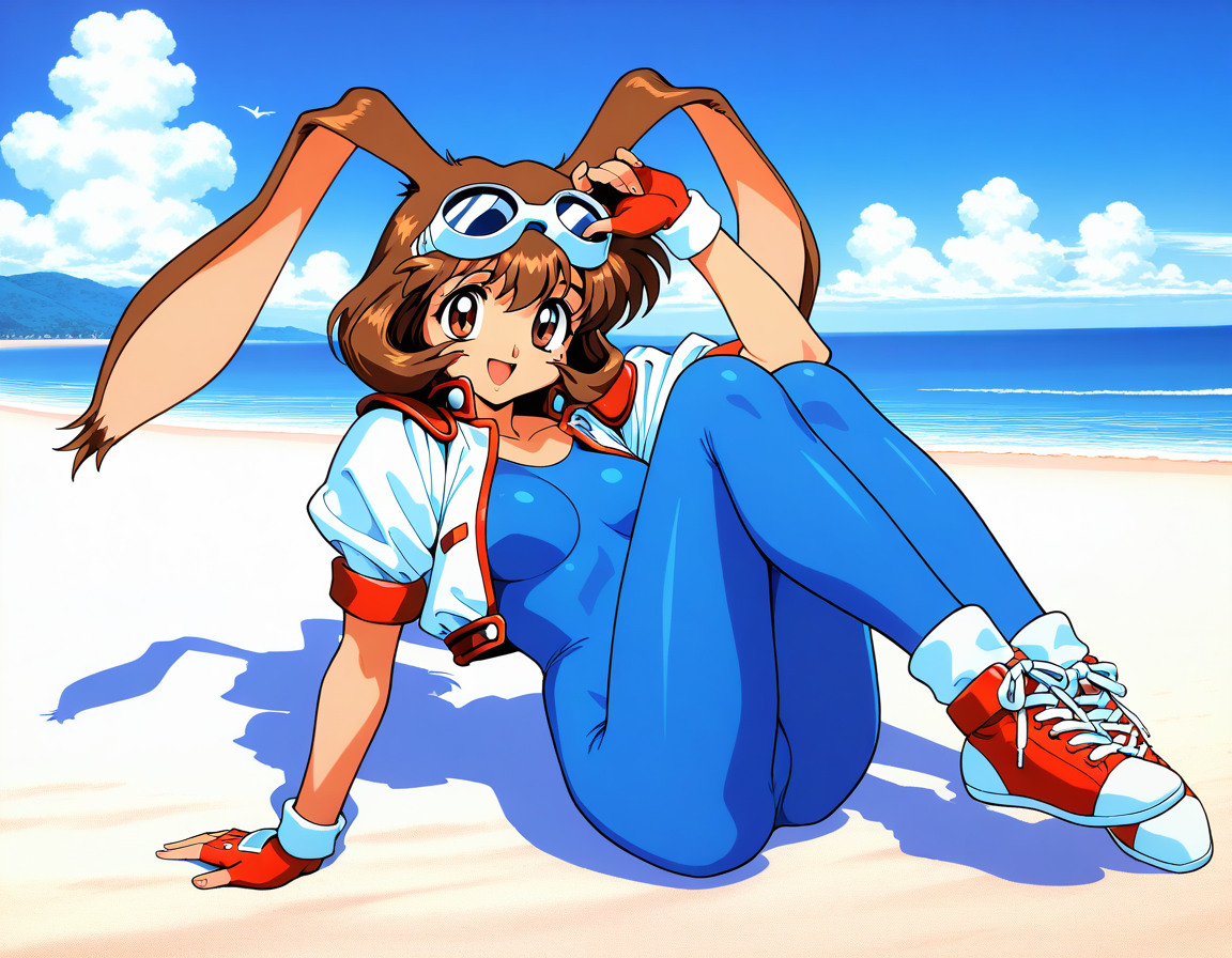 masterpiece, best quality, good quality, <lora:Makihara_Arina_IS:1>Makihara_Arina, brown hair, animal ears, goggles on head, rabbit ears, brown eyes, 1990s (style),  medium breasts,
1girl, solo, gloves,  fingerless gloves, sneakers, 
shoes, blue bodysuit, full body, smile, looking at viewer, open mouth, bodysuit, short sleeves, red footwear, cropped jacket, red gloves, bangs,
blue sky, beach,