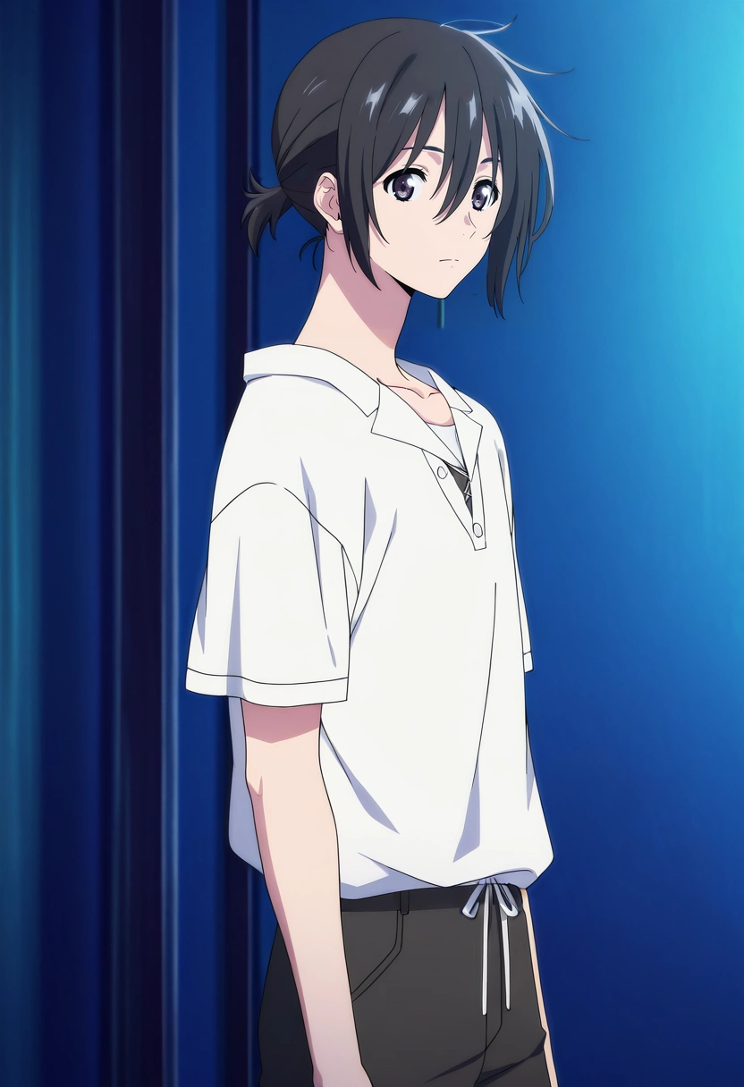 masterpiece, best quality, anime screencap, official style, anime coloring, cowboy shot, 1boy, solo, male focus, <lora:mio_chibana_ilxl:0.92>, mio_chibana, black hair, black eyes, short hair, hair between eyes, short ponytail,