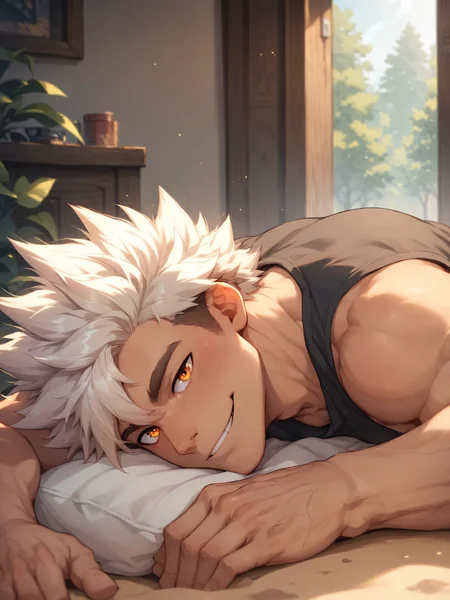 score_9,score_8_up, male focus,solo,brown hair,white hair,orange eyes,spiked hair,<lora:xl_more_art-full_v1:0.5>,<lora:add-detail-xl:1>,<lora:AIDudes-Mateo-000003:0.8>,âsand, indoors,forest, smile,black tank top,lying,âââ