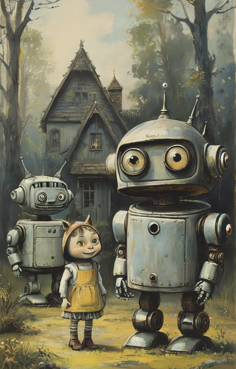 masterpiece,best quality,<lora:tbh377-sdxl:0.6>,illustration,style of Maurice Sendak
portrait of Housework robots