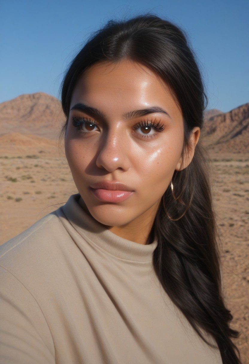 score_9, score_8_up, score_7_up, 1girl, adult, latina woman, updo, tall, medium build, in a desert, afternoon, rays, golden hour, extremely detailed,  upper body, tatooine, two suns setting,  aldeberon, 
detailed eyes,perfect eyes,, freckles,, perfect skin texture, photorealistic eyes,,