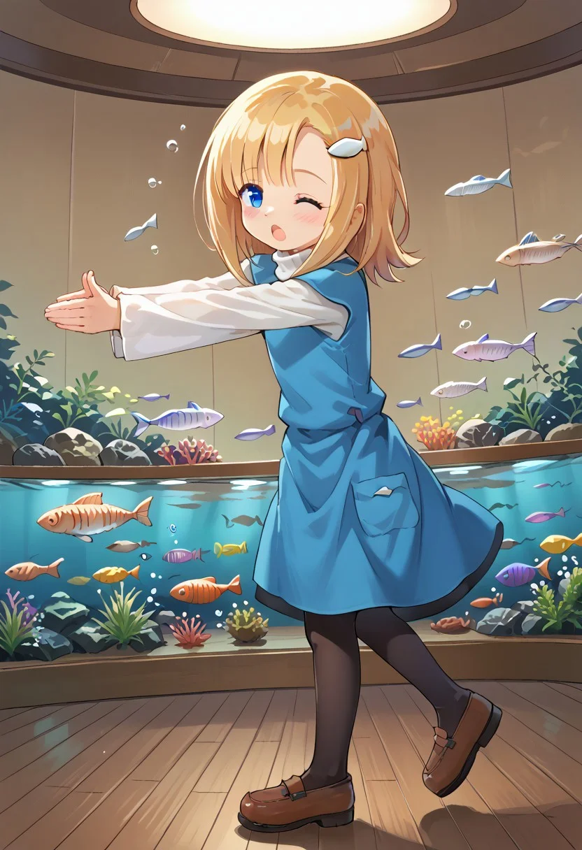 score_8, score_8_up, score_7_up, source_anime,  BREAK 1girl, solo, female focus,  Mana_GF, Blonde hair, blue eyes, sidelocks, hair ornament, hair clip, fish hair ornament, bangs, blue dress, white turtleneck, turtleneck dress, white sleeves, long sleeves, layered sleeves,, long sleeves under short sleeves, pantyhose, black pantyhose, mary janes, brown footwear, sakana, sakana~ (meme), meme, aquarium, standing on one leg, palms together, fish tank, own hands together, standing, outstretched arms, closed eyes, blush, open mouth,