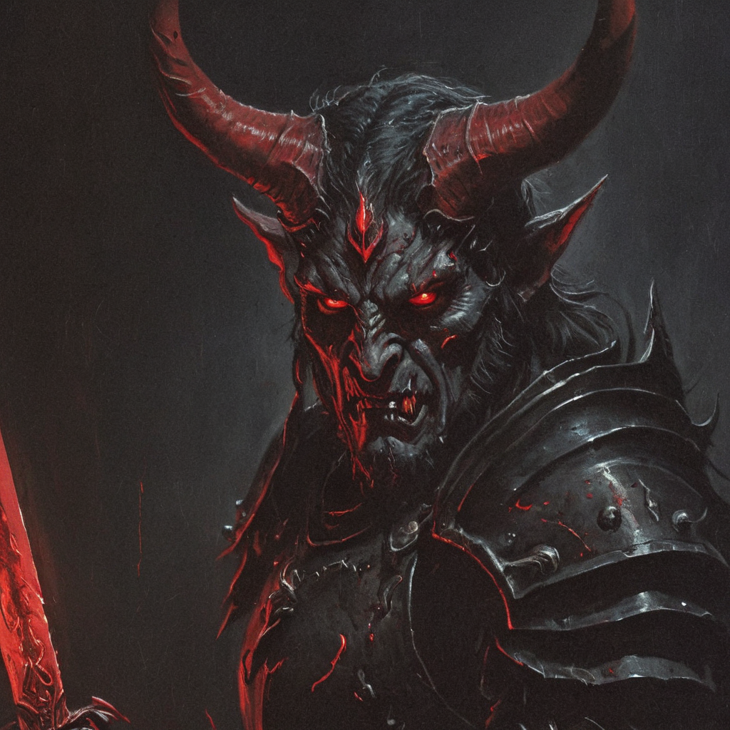 dark fantasy art style, A close-up portrait painting of of demon warrior with red horns and glowing red eyes, intricate dark armor, holding a blood-covering blade, dark dramatic lighting, highly detailed, ominous, hellish, grainy, painterly texture