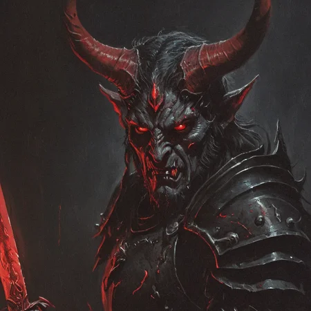 dark fantasy art style, A close-up portrait painting of of demon warrior with red horns and glowing red eyes, intricate dark armor, holding a blood-covering blade, dark dramatic lighting, highly detailed, ominous, hellish, grainy, painterly texture