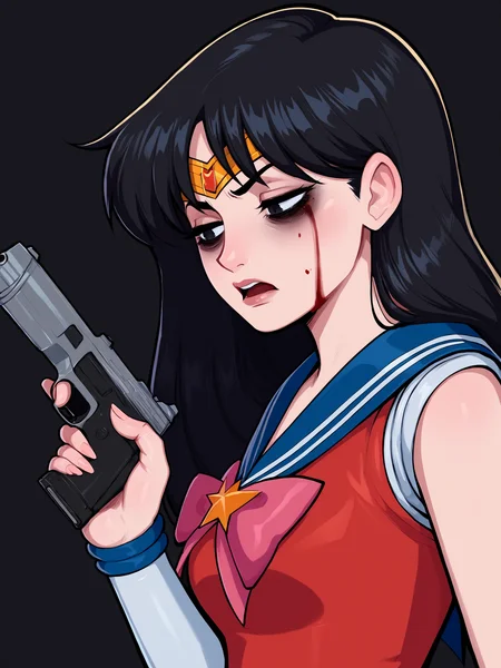 score_9, score_8_up, score_7_up, score_6_up, score_5_up, score_4_up, rating_safe
BREAK
sailor mars, circlet, black hair, black eyes, looking away, tired, half-closed eyes, bags under eyes, sigh, open mouth, looking down, blood on face, blood splatter,
BREAK
solo, portrait, magical girl, red serafuku, from side, (holding gun, handgun:1.2), blood on weapon,
BREAK
black background, <lora:Lunas-Afrobull-SDXL-A1:1>