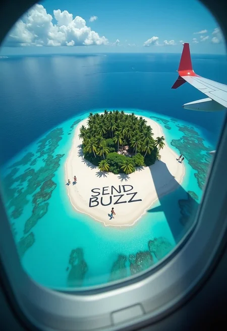 a professional slr photograph  - A breathtaking aerial view from an airplane window, showing a small, isolated tropical island surrounded by the vast blue ocean. The island features white sandy beaches, a few scattered palm trees, and turquoise waters lapping at its shores. On the sand, clearly visible and written in massive letters, are the words 'SEND BUZZ,' as though inscribed for rescue or attention. The letters are slightly rough, as if drawn hastily with large tools, with shadows cast by the afternoon sun. The airplane window frame subtly surrounds the view, giving the image depth and perspective. The scene exudes a mix of urgency and humor, with bright natural colors and a sense of remote serenity.