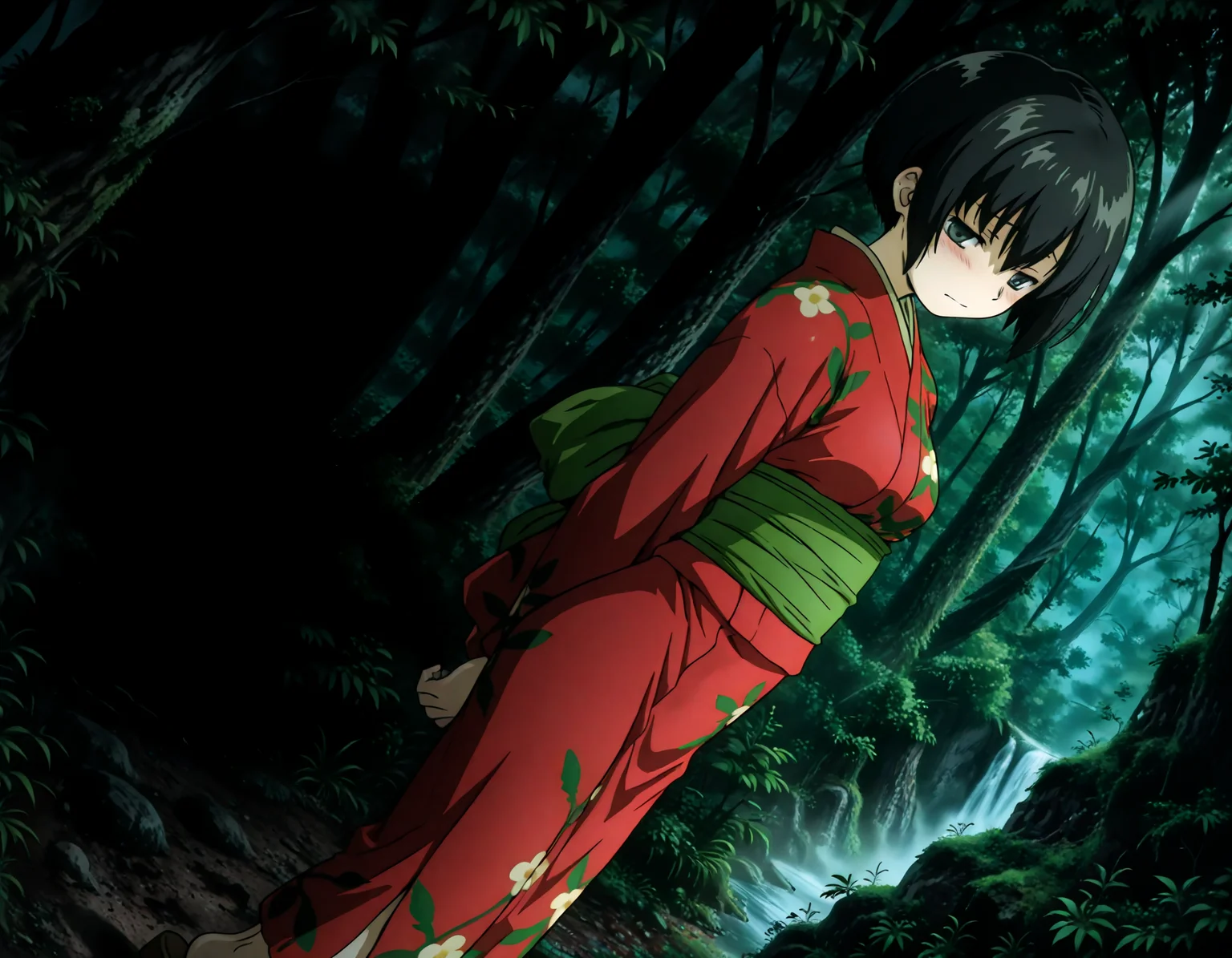 (1girl, solo:1.3), (2girls, 3girls, 4girls, multiple girls, 2boys, 3boys, 4boys, multiple boys:-1.5) <lora:Ioroi_Renzu_Mushi-shi_Illustrious:0.9>, ioroi_renzu, medium breasts, grey eyes, green eyes, black hair, short hair, bob cut, bangs, hair between eyes, japanese clothes, kimono, red kimono, obi, green obi, sandals embarrassed, (half-closed eyes:0.7), general, contrapposto, dynamic pose, arms behind head, portrait, from side, from above, dutch angle, outdoors, forest, japanese forest, japanese shrine, (torii:-1.0), ancient forest, dense foliage, mossy trees, mist, eerie silence, no people, overgrown, primeval, twilight lighting, mystical, waterfall, A vast, untouched forest frozen in time, where ancient, towering trees with thick, moss-covered trunks rise from a ground layered with centuries of decaying leaves and soft green undergrowth. Twisted roots snake across damp soil, and the air hangs heavy with mist and silence. Shafts of pale light struggle to pierce the dense canopy, casting a faint glow on the shadowy floor below. Ferns and strange fungi thrive in the perpetual twilight, and no sign of human presence disturbs the eerie stillness. The atmosphere feels sacred, as if the forest itself is watching. A green forest with tall trees and dense foliage, an abstract depiction of a tranquil forest scene, where the towering trees create a serene, mystical atmosphere. The forest floor is covered with rich greenery, and the soft natural light filters gently through the leaves, subtly illuminating the scene without overpowering the natural beauty of the surroundings. midnight, fog, after rain, , night, , pov, from side, (close-up:1.3), (light leaks, light rays:1.1), <lora:NOOB_EPSv1_1_detailer_by_vlnvk_v1_0:1.5>, (photo background:0.7), night, (tachibana yuu:0.6), inue shinsuke, (kazuma muramasa:0.0), saikawa yusa, (aoi manabu:0.6), abarerumidori, (suzui narumi:0.6), masterpiece, newest, absurdres, 8K, anime screenshot, anime coloring, flat color, official art, film grain, <lora:illustriousXLv01_stabilizer_v1.185c:0.7>, <lora:LECO_Solo:-4.0>,