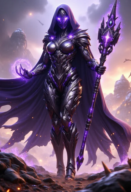 Standing tall and imposing on a chaotic battlefield is a powerful, feminine warrior, her muscular form a testament to both physical prowess and magical might. Her eyes glow with an intense, piercing light, revealing the strength and wisdom within. She wears a flowing cape with a hood, intricately adorned with glowing runes that shimmer with arcane energy. In her hand, she holds an ornate staff, ornamented with ancient symbols and encrusted with precious gems that emit a soft, otherworldly light. Her form-fitting exosuit of gleaming chrome and dark purple accents contours her body like a second skin, enhancing her agility and strength. The battlefield around her is filled with swirling dust and chaos, but she stands as a beacon of power and calm, her silhouette striking against the dramatic backlighting that accentuates her powerful physique.
The battlefield is a place of strife and turmoil, with warriors clashing and spells crackling through the air. Amidst this chaos stands the warrior, a figure of unwavering resolve. Her attire and the intricate runes on her cape and exosuit suggest a deep connection to both ancient magical traditions and futuristic technology. The staff she wields hints at her mastery over both magical and mechanical realms. She is not just a combatant but a symbol of hope and strength for those around her, commanding respect and fear from allies and enemies alike.