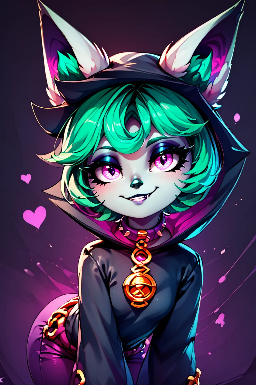 score_9, score_8_up, score_8, medium breasts, (curvy), cute, eyelashes, BREAK, , zzVex, pink eyes, green hair, bangs, short hair, grey skin, colored skin, black hood, hood up, ears through headwear, white animal ears, black shirt, purple collar, golden ornament, long sleeves, sleeves past wrists, purple pants, <lora:Vex_PDXL:1.0>,, BREAK, looking at viewer, ,,, smile, waving, upper body, leaning forward, head tilt, ,,, embedding:zPDXL, Expressiveh, ,,, <lora:CatalystStylePDXL:0.6>, <lora:SDXLFaeTastic2400:0.5>, <lora:Expressive_H-000001:0.4>,