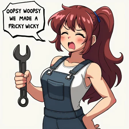 anime woman holding wrench, muscular, text bubble, embarrassed expression, eyes closed, muscular, overalls, "oopsy woopsy we made a fricky wicky"