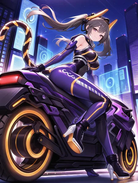 i:p masquerena,official alternate costume,1girl,solo,floating hair,full body,large breasts,smile,purple bodysuit,yellow headgear,mechanical tight tail,black high heels,purple elbow gloves,sitting,looking at viewer,closed mouth,purple motorcycle,on motorcycle,riding,cityscape,from below,highway,cityscape,holographic interface,
masterpiece,best quality,amazing quality,very aesthetic,absurdres,newest,<lora:Ip masquerena illuXL v1:0.75>,
