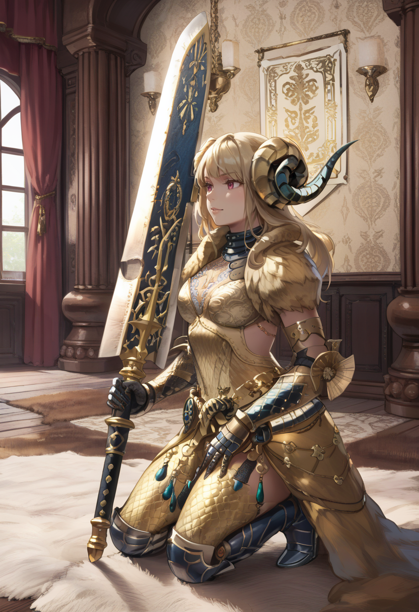 (score_9:0.9),score_8_up,score_7_up,rating_safe,anime style,(zPDXL),<lora:Kulve Taroth Alpha Armor ponyXL v1.3:0.72>,kulve taroth alpha armor, gold dress, gold horn, carpet, solo, greatsword, 1girl, indoors, gold gauntlets, one knee, holding weapon, long hair, blonde hair, weapon over shoulder, huge weapon, holding huge sword,