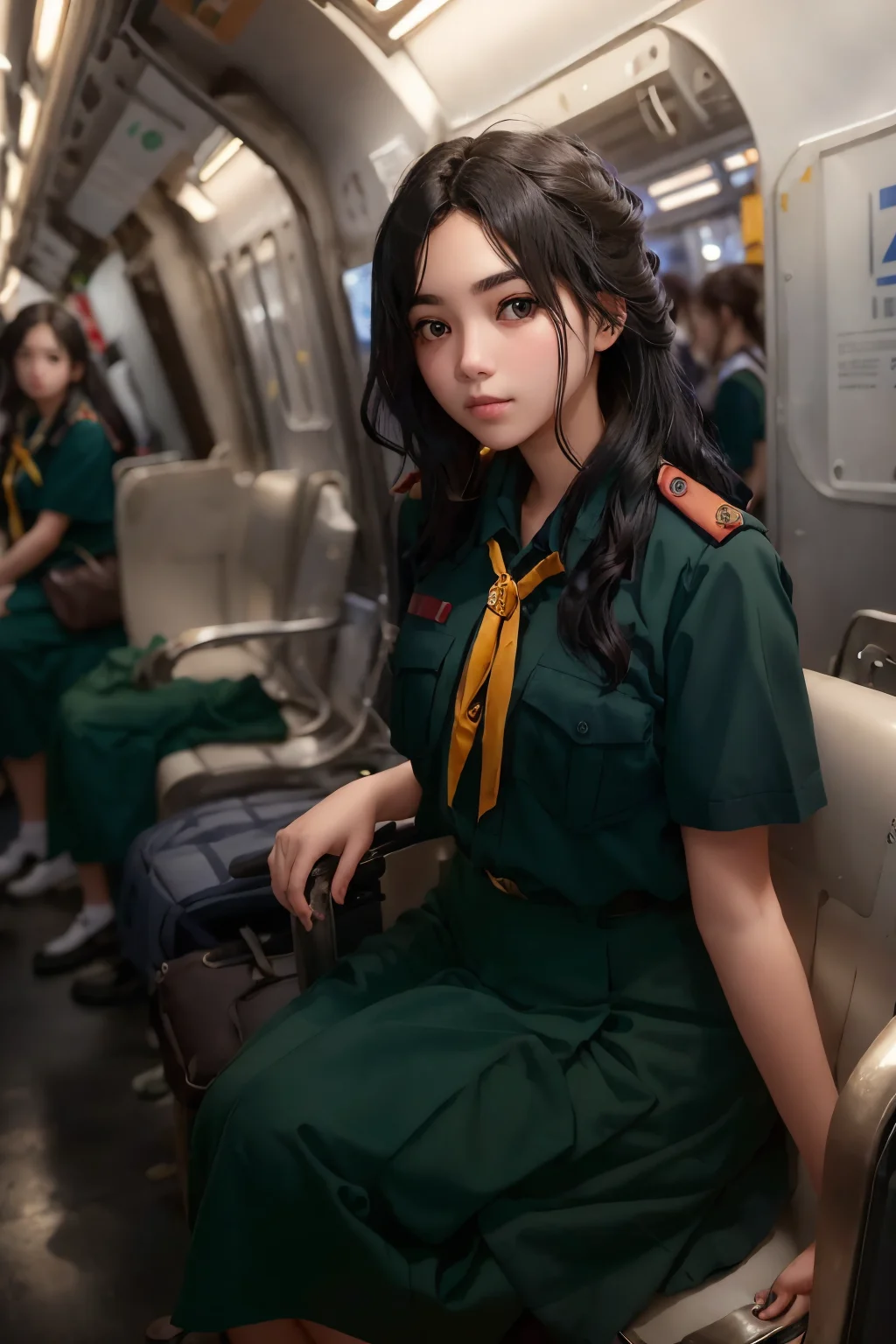 portrait of a breathtaking girl with (deep-set eyes:1.2), (high cheekbones:1.1), and (full eyebrows:1.1) sitting in a metro carriage. The lighting is dark and moody, with a spotlight casting a dramatic light on the girl's face, creating deep shadows and highlights. The girl is wearing thai_girlscout_uniform, and her (black hair:1.2) is styled in loose waves. She is gazing out of the window with a (wistful:1.2) expression on her face, lost in thought. The background is blurred out to emphasize the focus on the girl.
<lora:epiNoiseoffset_v2:1>,<lora:THgirlscout_v6-000007:0.8.5>,