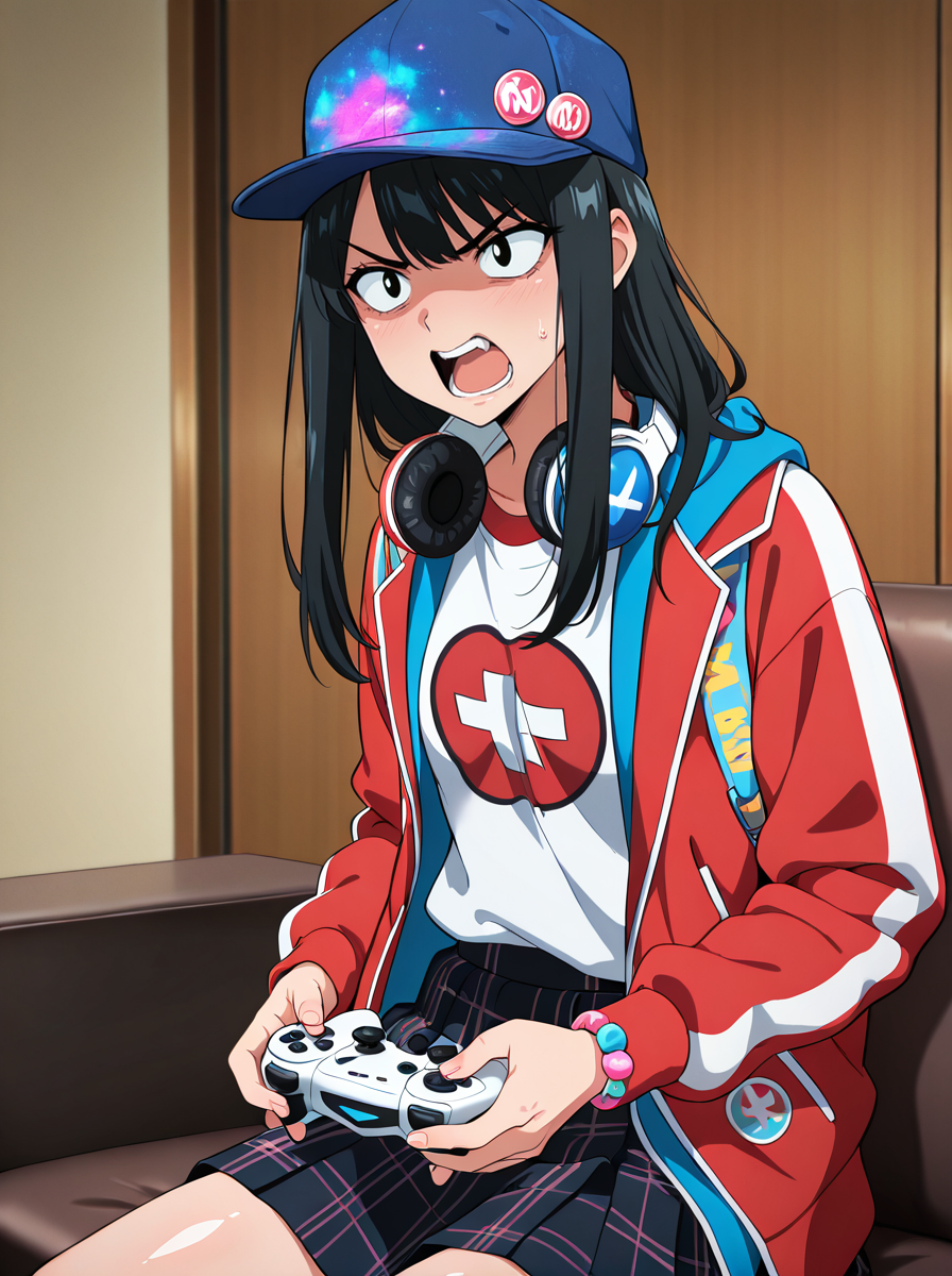 masterpiece, best quality, amazing quality, very aesthetic, absurdres, newest,shiny skin  anime screenshot,  anime coloring,  <lora:SaibaNicoILL:1>saibanico, 1girl, solo, black hair, jacket, hat, headphones, long hair, headphones around neck, skirt, baseball cap, shirt hospital,  sitting game controller holding game controller,  angry open mouth,