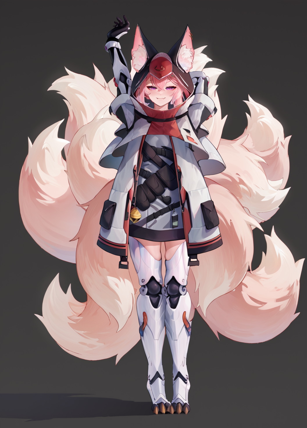 score_9, score_8_up, score_7_up, source_anime, <lora:Meicha:1>1girl, mecha musume, mechanical legs, multiple tails, pink hair, fox ears, purple eyes, breasts,  piercing, bangs, animal ear fluff, large breasts, ponytail, mole under eye, small fang,  hair ornament,white jacket,  jacket, bell, capelet, dress, sweater, hood, hood up, smug smile, full body <lora:zy_Detailed_Backgrounds_v1:1.05> Detailed bedroom, stretching, sexy pose, standing