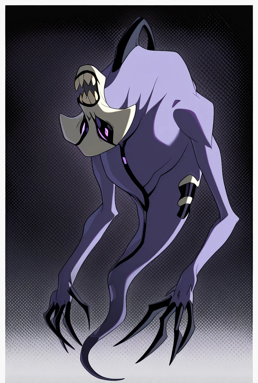 <lora:zskayr-10:1> zskayr, no humans, solo, monster, teeth, black claws, pokemon (creature), single purple eye, , purple skin, sharp teeth, , black sclera, upside down head, ghost tail, full body,, upper body, halftone effect, white borders, abstract background:1.2,, masterpiece, best quality, amazing quality, very aesthetic, absurdres, newest,