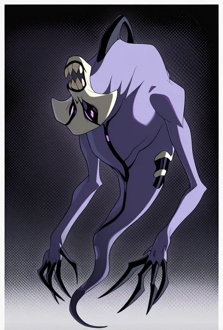 <lora:zskayr-10:1> zskayr, no humans, solo, monster, teeth, black claws, pokemon (creature), single purple eye, , purple skin, sharp teeth, , black sclera, upside down head, ghost tail, full body,, upper body, halftone effect, white borders, abstract background:1.2,, masterpiece, best quality, amazing quality, very aesthetic, absurdres, newest,