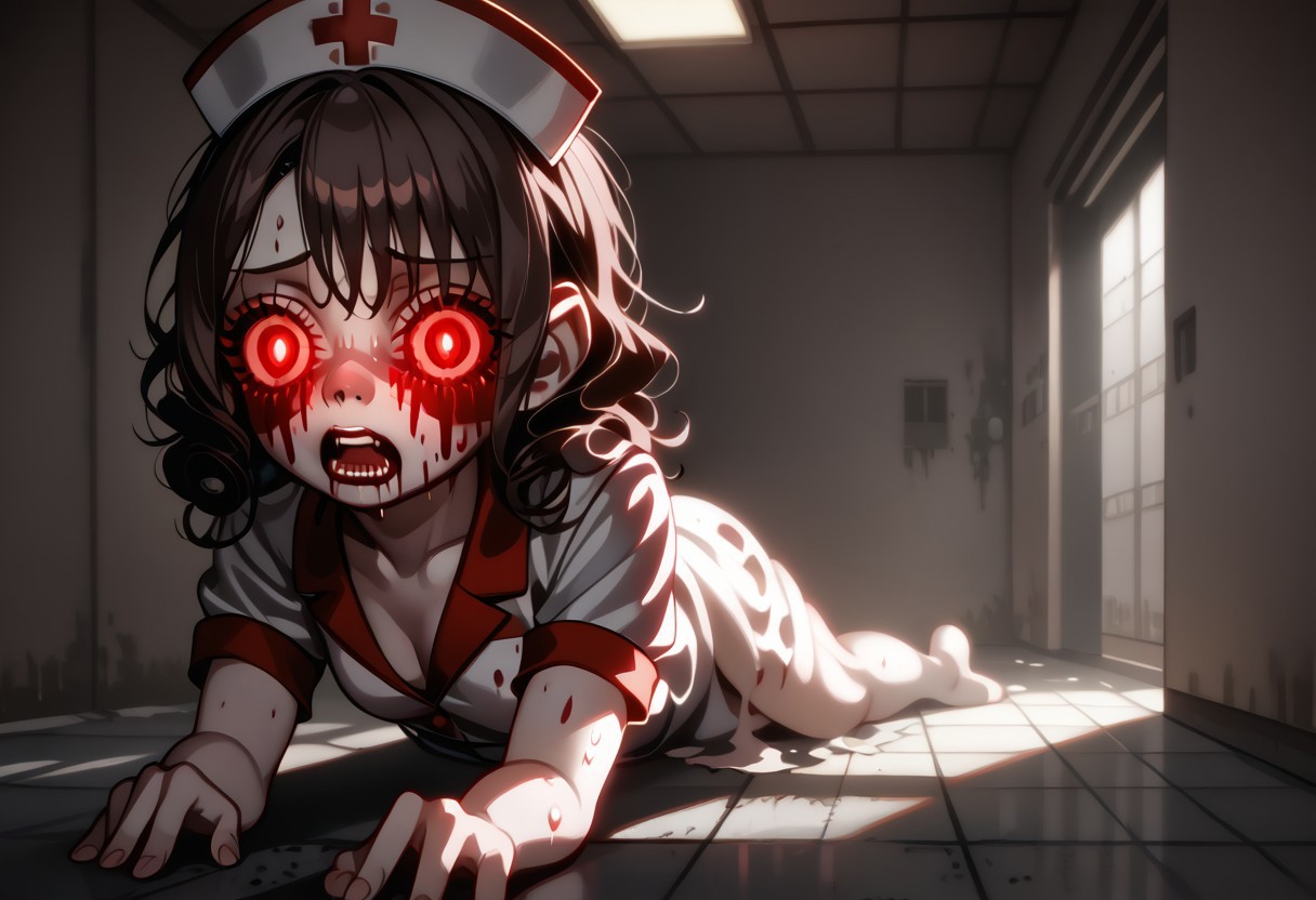 indoors, very dark, girl lying crawling on floor of abandoned hospital, torn nurse costume, brown curly hair, glowing eyes, blood, [[teeth]], red sclera
