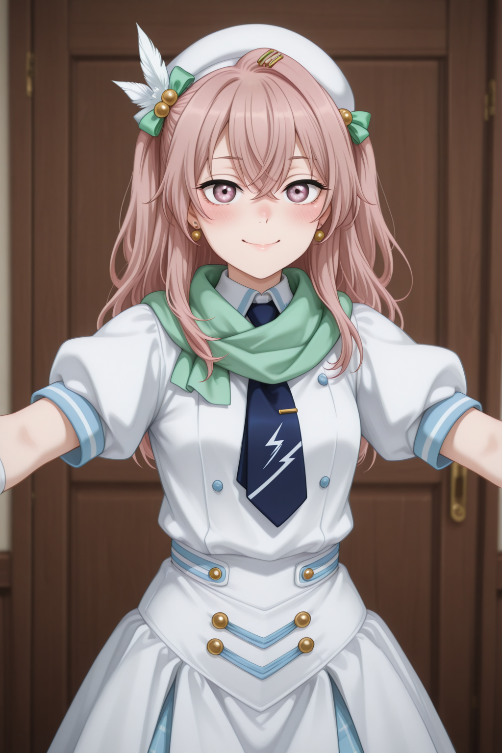 masterpiece, best quality, amazing quality, 1girl, solo, makeup, general, looking at viewer, blush, cowboy shot, smile, boutique, indoors, fancy, blush, lovely, spread arms, looking at viewer, <lora:sajuna-inui-s1-illustriousxl-lora-nochekaiser:1>, sajuna inui, inui sajuna, long hair, bangs, hair ornament, hair between eyes, pink hair, pink eyes, two side up, crossed bangs, mature female, small breasts, <lora:LL_Kotori_Wonderful_Rush_Cos:0.9>, LL_Kotori_Wonderful_Rush_Cos, short sleeves, puffy sleeves, white shirt, skirt, green scarf, feathers, feather hair ornament one side, white gloves, fingerless gloves, white beret, green bow, blue necktie, jewelry, earrings, boots, <lora:wai-2Rectified-V140:1>, <lora:Illustrious_-_Refiner:1>