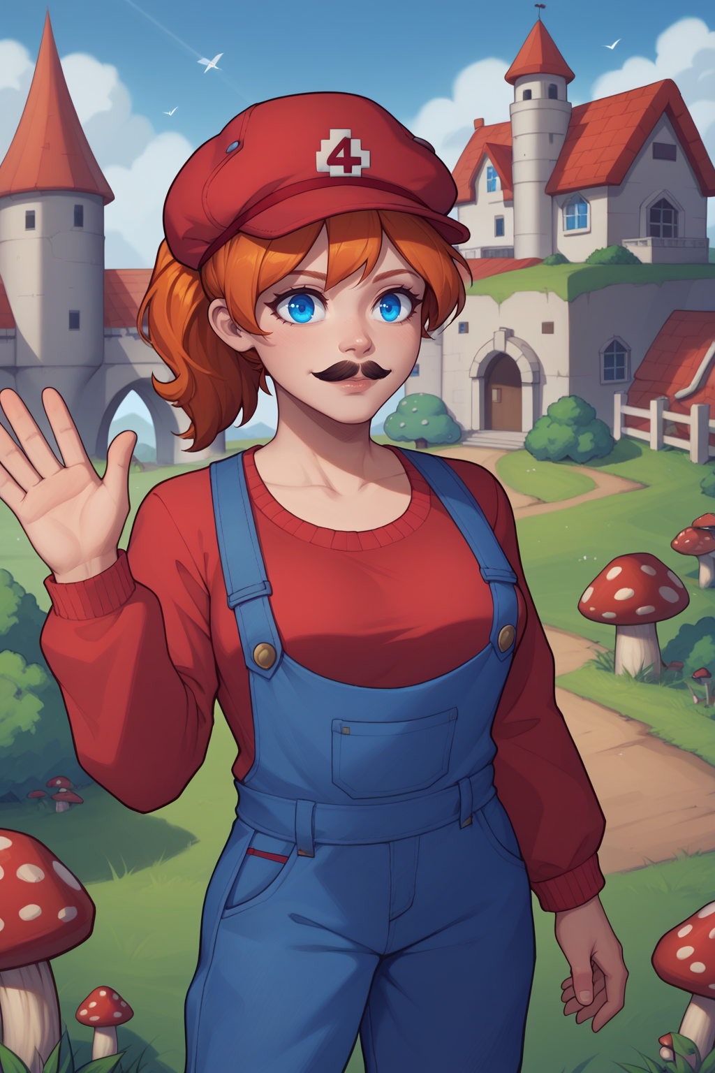 score_9, score_8_up BREAK 1girl, solo, <lora:NSMechanicTerraria:0.9> NSMechanicTerraria, blue eyes, orange hair, ponytail, medium hair, red sweater, cabbie hat, red hat, brown jacket, fake mustache, black mustache, blue overalls, outdoors, waving, castle, mushrooms